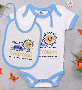 BK Kids Teyzemi Çok Seviyorum Tasarımlı Mavi Bebek Body Zıbın ve Mama Önlüğü Hediye Seti-1