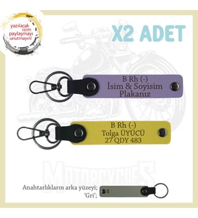 Hız Tutkunlarına Özel, İsim Plaka ve B Rh (-) Kan Grubu Yazılı Deri x2' li Anahtarlık, Mor-Sarı-Gr (Çok Renkli)