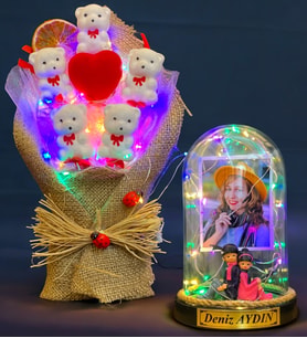 Size Özel Renkli Led Işıklı Fanus ve Renkli Led Işıklı Ayıcık Buketi Hediye Seti (Model 4)