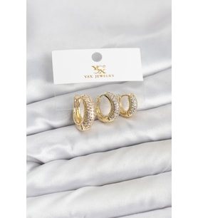 Pirinç Gold Renk Zirkon Taşlı Halka Model Ysx Trio Küpe Seti - Tj-Bkp11558