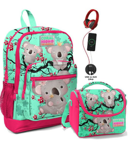 Coral High Okul Çantası ve Beslenme Çantası Seti - Kız Çocuk Yeşil Koala - USB Soketli