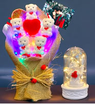 Size Özel Fotoğraflı Led Işıklı Buket ve Led Işıklı Beyaz Melekli Fanus - Premium Hediye Seti (Model 2)