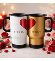 BK Gift Kişiye Özel Sevgili Çift Tasarımlı 2’li Kulplu Beyaz&Gold Çelik Termos Mug 450 ml -11, Sevgiliye Hediye, Sevgililer Günü Hediyesi