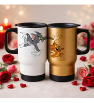 BK Gift Sevgili Çift Tasarımlı 2’li Kulplu Beyaz&Gold Çelik Termos Mug 450 ml -14, Sevgiliye Hediye, Sevgililer Günü Hediyesi