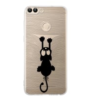 Huawei P Smart  Kamera korumalı Kapak Çizgi Kedi (Siyah) Tasarımlı Şeffaf Kılıf