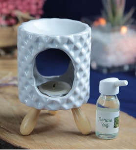 Buhurdanlık Beyaz Seramik Ahşap Ayaklı & Buhur Koku Mum Set