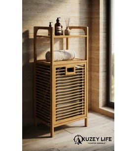 Kuzeylife Bambu Kirli Sepetli 2 Raflı Çok Amaçlı Banyo Düzenleyici
