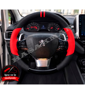 Peugeot 408 Dikme Direksiyon Kılıfı Parlak Siyah Kırmızı Detaylı Kırmızı Çift Yüzük ve Dikiş 2022-2024