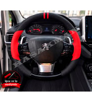 Peugeot 408 Dikme Direksiyon Kılıfı Parlak Siyah Kırmızı Detaylı Kırmızı Çift Yüzük ve Dikiş 2022-2024