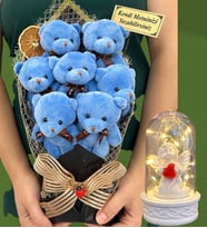 Kişiye Özel Büyük Boy 7'li Peluş Ayıcık Buketi ve Led Işıklı Beyaz Melekli Fanus (Model 5)