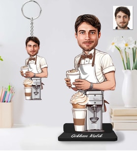 Kişiye Özel Barista Erkek  Ahşap Biblo ve Anahtarlık 2 li set-40