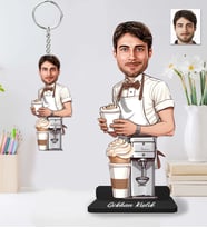 Kişiye Özel Barista Erkek  Ahşap Biblo ve Anahtarlık 2 li set-40