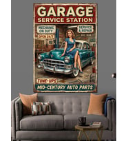 Garage Service Station Retro Tabela Dekoratif Kanvas - Mdf Ahşap Tablo