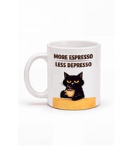 Less Depresso Yazılı Kupa Bardak – Komik Kedi Tasarımlı Baskılı Porselen Hediye Kupa Bardak