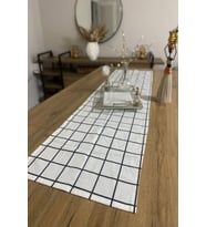 40x150 Siyah Beyaz Kareli İnce Keten Dekoratif Runner