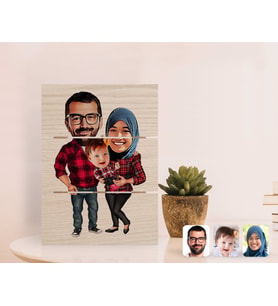 BK Gift Kişiye Özel Tesettürlü Aile Karikatürlü Otantik Masaüstü Ahşap Palet Çerçeve-2 (Beyaz)
