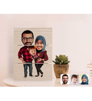 BK Gift Kişiye Özel Tesettürlü Aile Karikatürlü Otantik Masaüstü Ahşap Palet Çerçeve-2 (Beyaz)