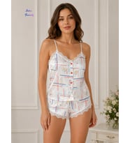 Intive Feminity Beyaz Saten Üstüne Çiçek Desenli Büstiyer Şort Pijama Takımı-Hediyeye Uygun