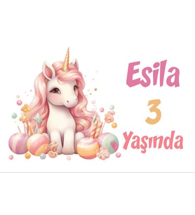 Pembe Unicorn Temalı Doğum Günü Afişi -8 35X50 cm