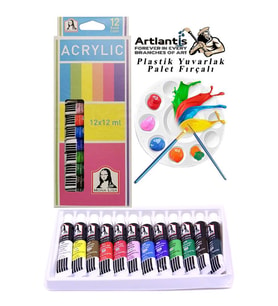 Akrilik Boya Monalisa 12 Renk 12 Ml Tüp 1 Paket 12 Li Akrilik Boya Seti ve Yuvarlak Resim Paleti Fırçalı 1 Paket 10 Hazneli Boya Paleti Sanatsal Boyalar İçin Palet Akrilik Boya (Karışık)