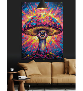 Mantar Şeklinde Parlak Renkli Psychedelic Göz Dekoratif Kanvas - Mdf Ahşap Tablo