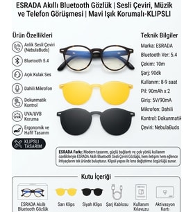 ESRADA Akıllı Bluetooth Gözlük Sesli Çeviri, Müzik ve Telefon Görüşmesi Mavi Işık Korumalı