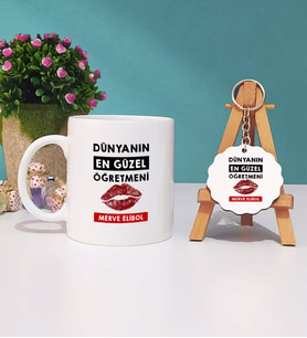 Dünyanın En Güzel Öğretmeni Kupa Bardak ve Anahtarlık (Beyaz)