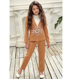 Kız Çocuk Yakası Fırfır Tüllü Dik Yaka Kazak Blazer Ceket Kırçılı Kemer Kahveren (Kahverengi)