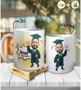 Kişiye Özel İsimli Erkek Mezun Karikatür Tasarım Beyaz Kupa ve Ahşap Palet Altlığı Hediyeli Kupa Bardak oh1033