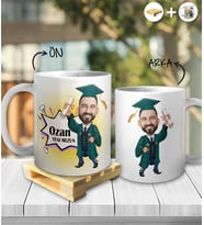 Kişiye Özel İsimli Erkek Mezun Karikatür Tasarım Beyaz Kupa ve Ahşap Palet Altlığı Hediyeli Kupa Bardak oh1033