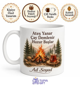 Kamp Ateşi ve Çay Temalı Kupa Bardak - Doğa Severler İçin Özel Tasarım Hediye