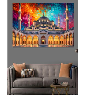 Gece Işıklı Büyük Cami Manzarası Dekoratif Kanvas - Mdf Ahşap Tablo