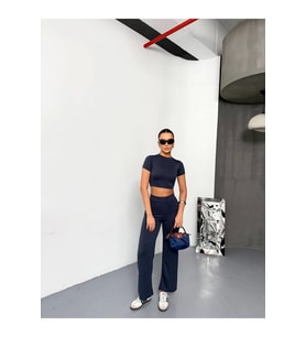 Osy Modal Yumuşak Dokulu Kumaş Kısa Kollu Crop Alt Ispanyol Paça Pantalon Ikili Takım - Füme