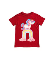 Unicorn baskılı pamuklu penye kumaş yazlık çocuk tişört (Kırmızı)