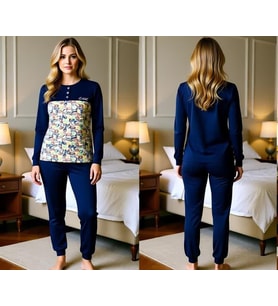 Kadın Pamuklu Lacivert - Desenli Renk Pijama Takımı AL501-2
