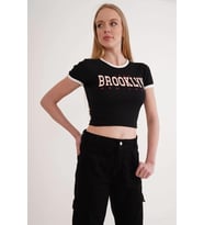 23254270 Pam.Kaşkors Brooklyn Bsk Garnili Kısa Kol Crop Bluz SIYAH (Siyah)