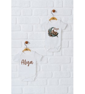 Pia Baby Premium %100 Pamuk İsme Özel Organik Baskılı İkili Set Çıtçıtlı Bebek Body Zıbın Modelleri 5002-17 (Ekru)