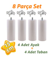 4 Adet Destek Ayağı 15 cm Beyaz ve 4 Adet Düz Ayak Tabanı M8 Civatalı İnce Diş Mobilya Kanepe Baza Seti