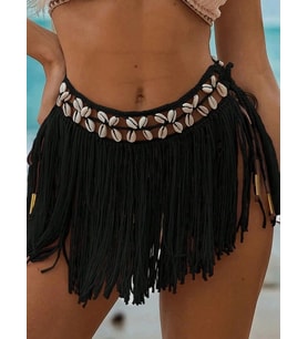 Giyim Siyah Bikini Üstü Deniz Kabuklu Püsküllü Pareo,beachwear,bikini Üstü El Emeği Plaj Eteği,bohem