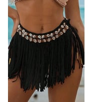 Giyim Siyah Bikini Üstü Deniz Kabuklu Püsküllü Pareo,beachwear,bikini Üstü El Emeği Plaj Eteği,bohem