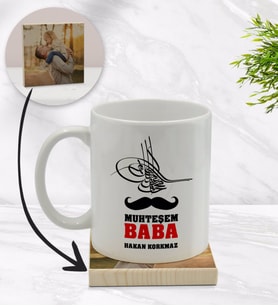 BK Gift Kişiye Özel Muhteşem Baba Tasarımlı Beyaz Kupa Bardak ve Ahşap Bardak Altlığı Hediye Seti - Model 1