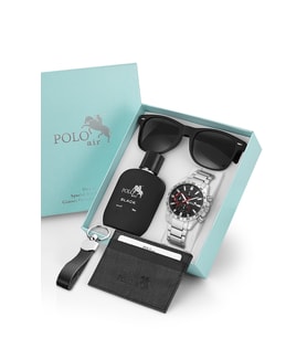 Polo Air Klasik Metal Kasa Erkek Kol Saati Parfüm Gözlük Kartlık Anahtarlık Hediyelik Kutusunda Set Gümüş Siyah Kırmızı Renk TR-105E4