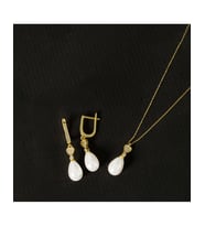 925 Ayar Zirkon Taşlı Kalpli Damla Gümüş İnci Set (Altın)