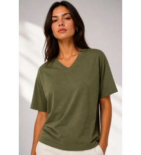 V Yaka Basic Tişört Kısa Kol Yazlık Regular Fit T-Shirt - Haki