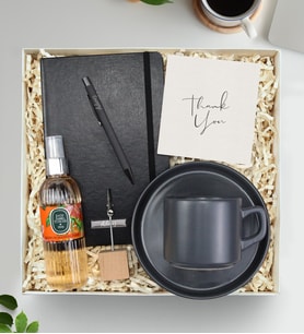 Kişiye Özel Siyah Defter & Gri Fincan & Siyah Mat Tükenmez Kalem & Eyüp Sabri Tuncer 150ml Sprey Kolonya & Not Tutucu Hediye Seti