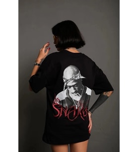 Kadın Baskılı T-Shirt Oversize Kısa kol Bisiklet yaka tişort- Siyah