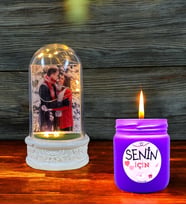 Kişiye Özel Hediye Seti  Fotoğraflı Led Işıklı Fanus ve Kokulu Mum (Mor)