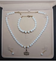 İnci Kolye Bileklik Küpe Set, Paslanmaz Çelik Lotus Çiçeği Altın Rengi