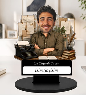 Kişiye Özel Karikatürlü Biblo Yazar Masaüstü Ahşap İsimlik Fotoğraflı Yazar Hediyesi Mesleğe Özel Dekoratif İsimlik