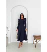Neşeli butik kadın kol fırfırlı kemerli midi boy elbise NBK4309 (Lacivert)